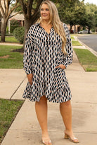 Plus size mini dress, geometric print dress, women's collared dress, V-neck plus size, chic shift dress, curvy fashion, lightweight summer dress, trendy plus size clothing.
