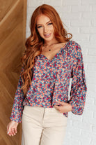 Sunday brunch blouse, denim floral top, v-neck balloon sleeve blouse, women's ditsy floral shirt, lightweight rayon top, feminine brunch outfit, boho floral blouse, relaxed fit floral top.