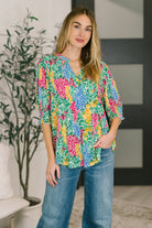 Women’s Smock Top, Multi-Color Blouse, High Stretch V-Neck, Bulgari Fabric Top, Colorful Painted Print, Versatile Casual Blouse, Smocked Sleeve Shirt.