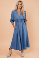 denim midi dress, smocked waist dress, zip front denim dress, puff sleeve denim dress, 100% cotton dress, boutique denim dress, V-neck midi dress