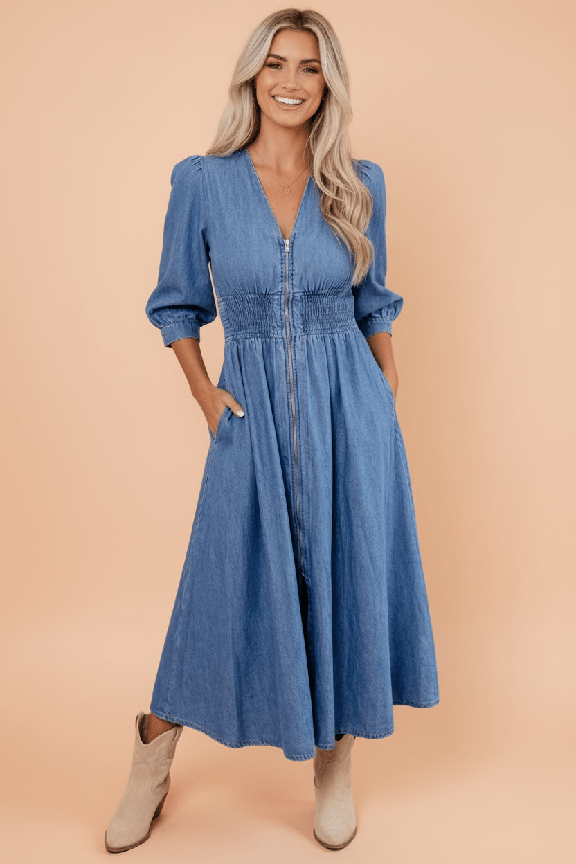denim midi dress, smocked waist dress, zip front denim dress, puff sleeve denim dress, 100% cotton dress, boutique denim dress, V-neck midi dress