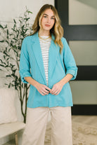 Aqua blazer women, open front blazer, turquoise crepe blazer, women’s business casual jackets, lightweight blazer with pockets, sleeve tab blazer, colorful professional wear, I'm Really That Gal blazer.
