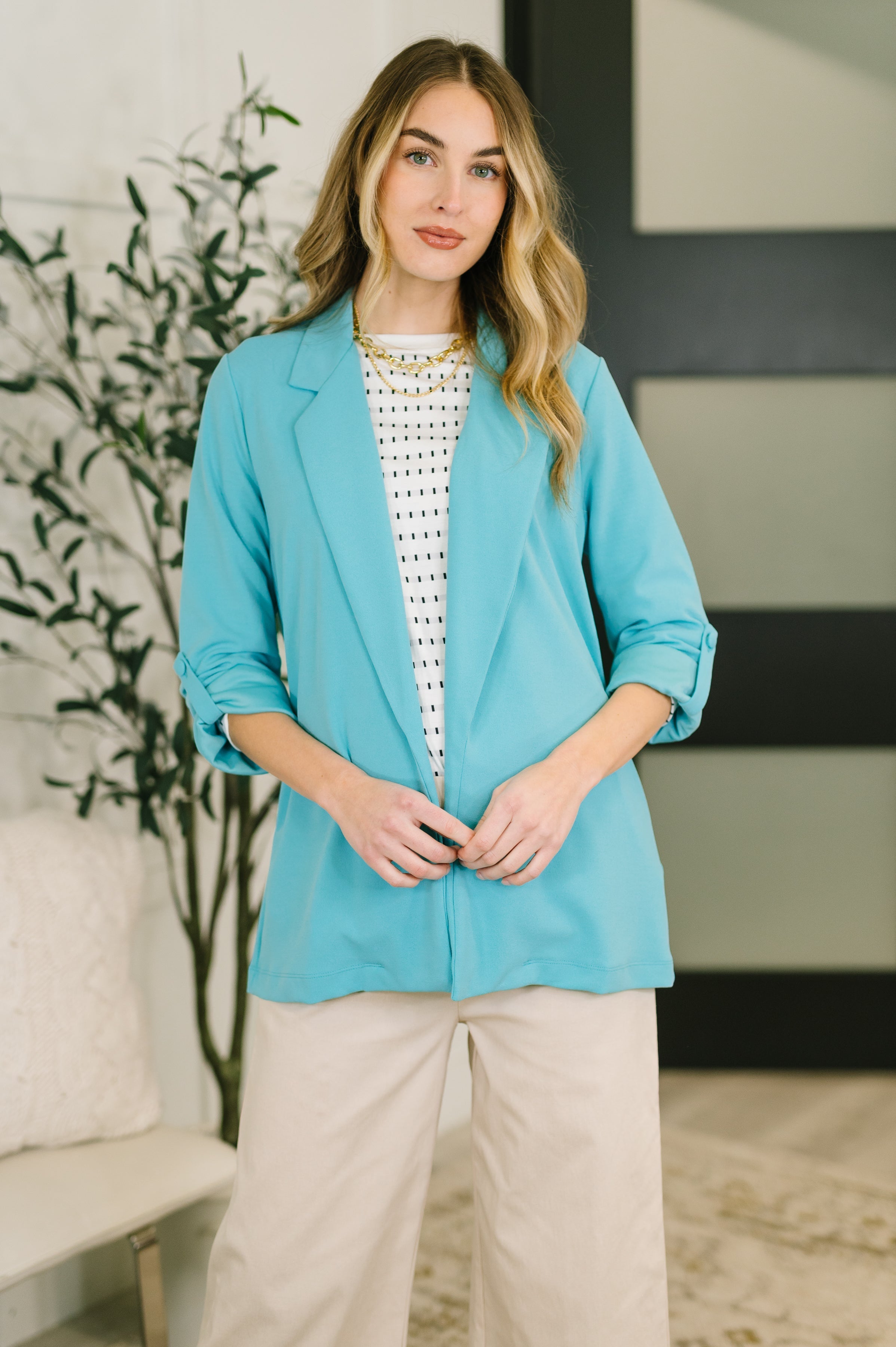Aqua blazer women, open front blazer, turquoise crepe blazer, women’s business casual jackets, lightweight blazer with pockets, sleeve tab blazer, colorful professional wear, I'm Really That Gal blazer.