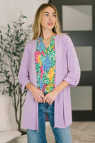 Women's lightweight cardigan, Orchid Bloom purple cardigan, wrinkle resistant sweater, cooling fabric clothing, Bulgari fabric cardigan, open front cardigan with pockets, pleated back cardigan, breathable 3/4 sleeve layer.