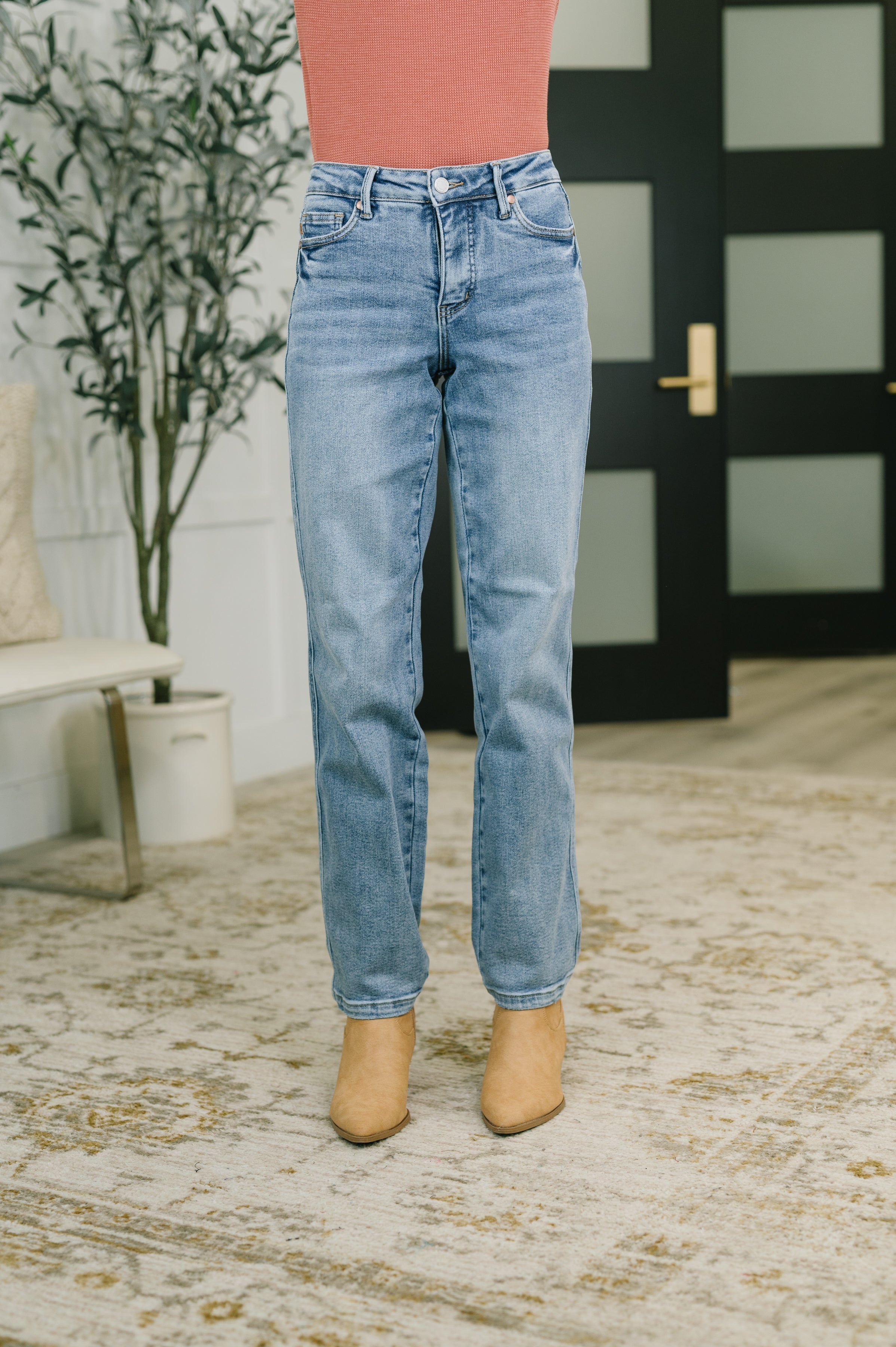 Corrine Mid Rise Control Top Vintage Straight Jeans in medium wash with a mid-rise fit and tummy control.