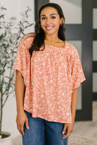 Dusty rose floral top, square neck blouse, bell sleeve shirt, women’s jersey knit top, boho floral blouse, adjustable back tie top, spring fashion 2024, boxy fit floral top.