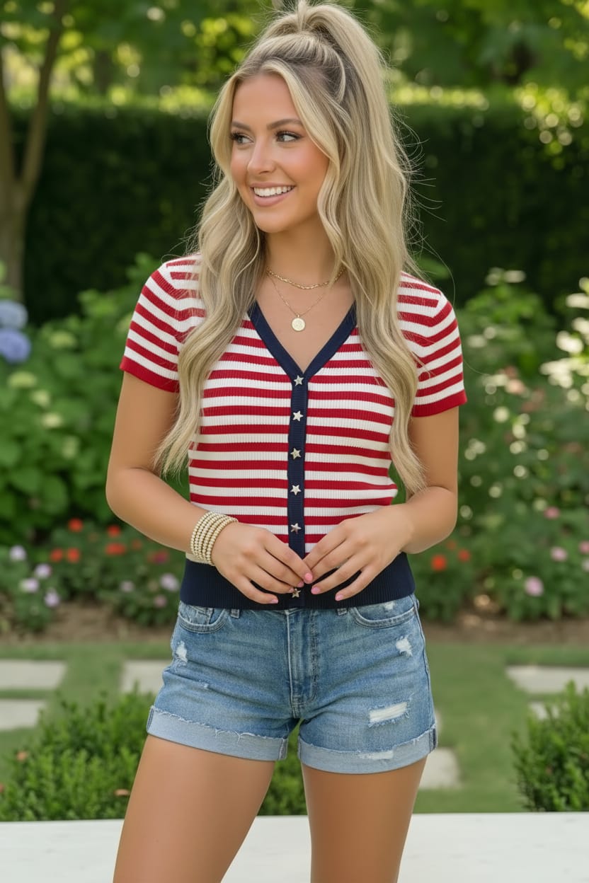 Patriotic knit top, 4th of July outfits, red white and blue shirt, striped v-neck top, summer celebration apparel, women’s ribbed knit top, star button detail shirt.