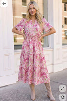 Pink floral midi dress, smocked waist dress, tiered midi skirt, flutter sleeve dress, spring brunch dress, pink garden party dress, floral wedding guest dress, feminine summer midi.