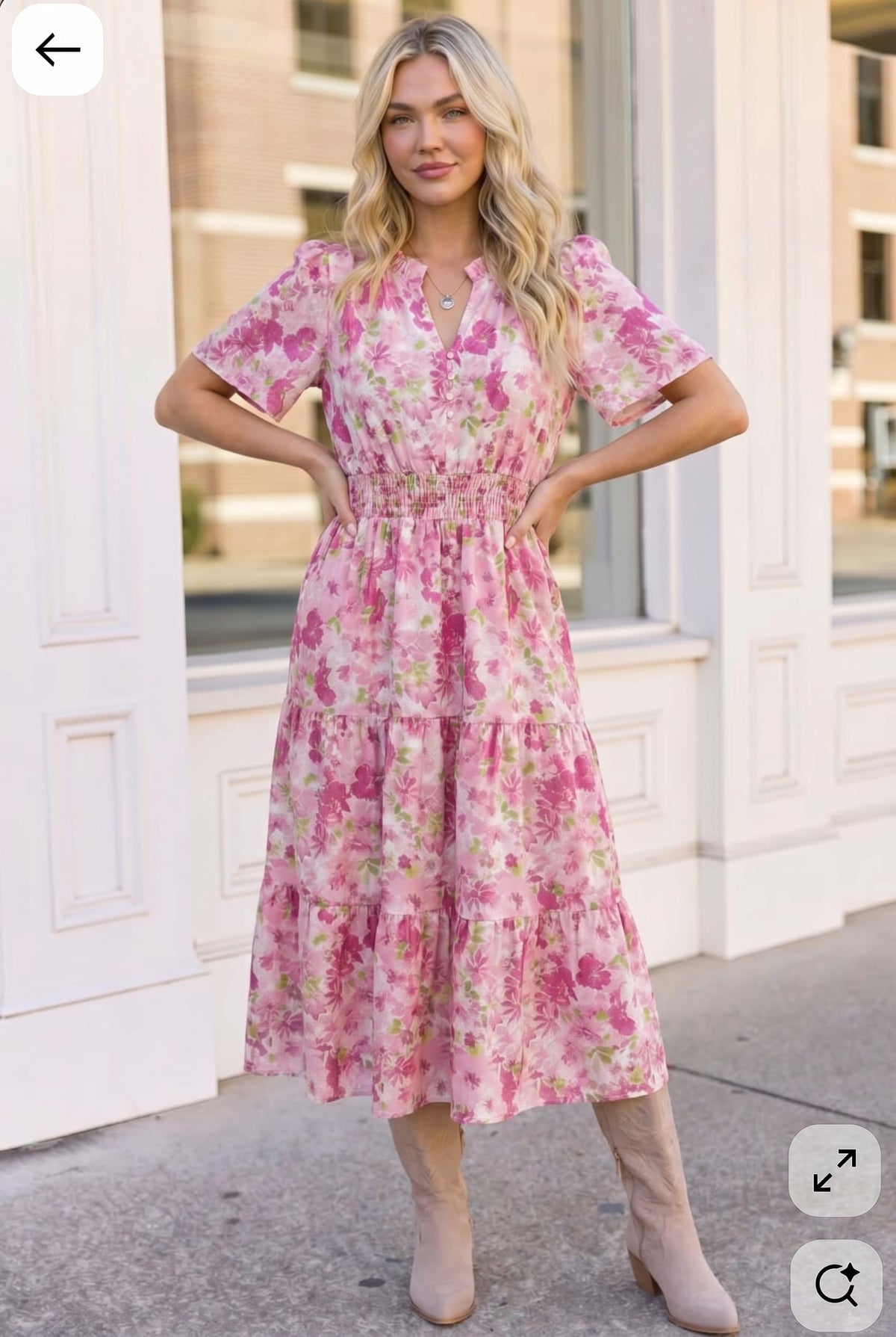 Pink floral midi dress, smocked waist dress, tiered midi skirt, flutter sleeve dress, spring brunch dress, pink garden party dress, floral wedding guest dress, feminine summer midi.