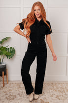 Judy Blue jumpsuit, black denim jumpsuit, tummy control jumpsuit, women's short sleeve jumpsuit, straight leg denim, 4-way stretch denim, slimming jumpsuit, garment dyed black rompers.