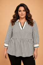 Plus size blouse, striped peplum top, flattering V-neck shirt, patchwork collar blouse, women’s plus size fashion, elegant casual top, slimming striped blouse.