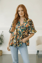 Floral blouse, jungle print top, boho peplum shirt, earthy botanical top, women's flowy blouse, bohemian style top, casual puff sleeve blouse, fabknits fashion.