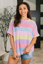 Textured knit top, dolman sleeve shirt, pastel striped top, relaxed fit women's clothing, casual summer knit, scooped hem top, lightweight stretch top, colorful textured shirt.