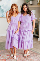 Tiered ruffled dress, sweetheart neckline midi, puff sleeve dress, open back summer dress, lavender tiered dress, crinkle fabric fashion, feminine vacation dress.