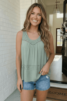 Sage green tank top, lace trim sleeveless top, flowy summer blouse, boho tank top, women’s sage clothing, breezy casual top, feminine lace blouse.