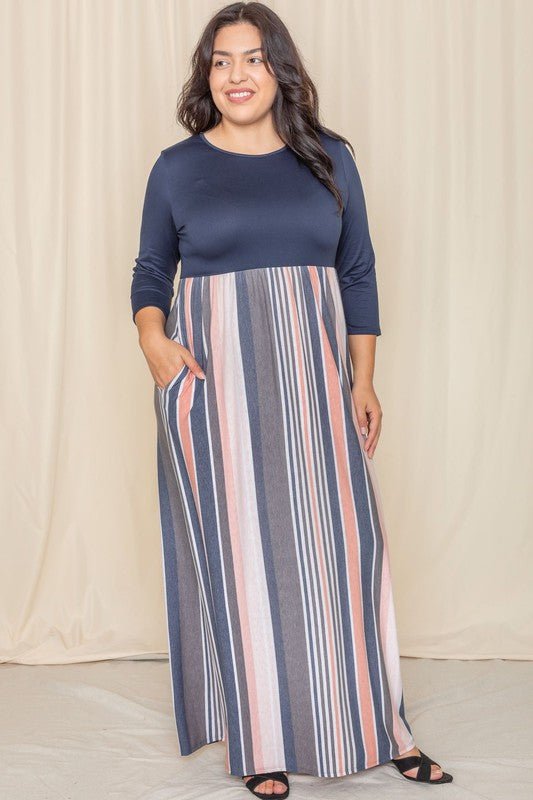stripe maxi dress, 3/4 sleeve dress, maxi dress with pockets, casual long dress, striped summer dress, made in USA dress, women’s modest maxi, comfortable everyday dress.
