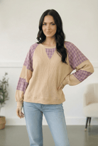 waffle knit thermal, plaid sleeve top, oversized thermal shirt, women's cozy loungewear, oatmeal thermal top, casual chic apparel, breathable layering top, country style sweater
