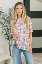 floral waffle knit top, dolman sleeve blouse, women's floral blouse, stretch waffle knit shirt, casual chic floral top, stepped hem blouse, comfortable work-to-weekend top, Fabknits floral blouse
