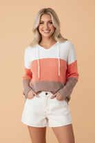 colorblock hoodie, ribbed knit top, women's hooded pullover, casual boutique tops, long sleeve knit sweater, relaxed fit hoodie, fall fashion, colorblock sweater, soft knit top
