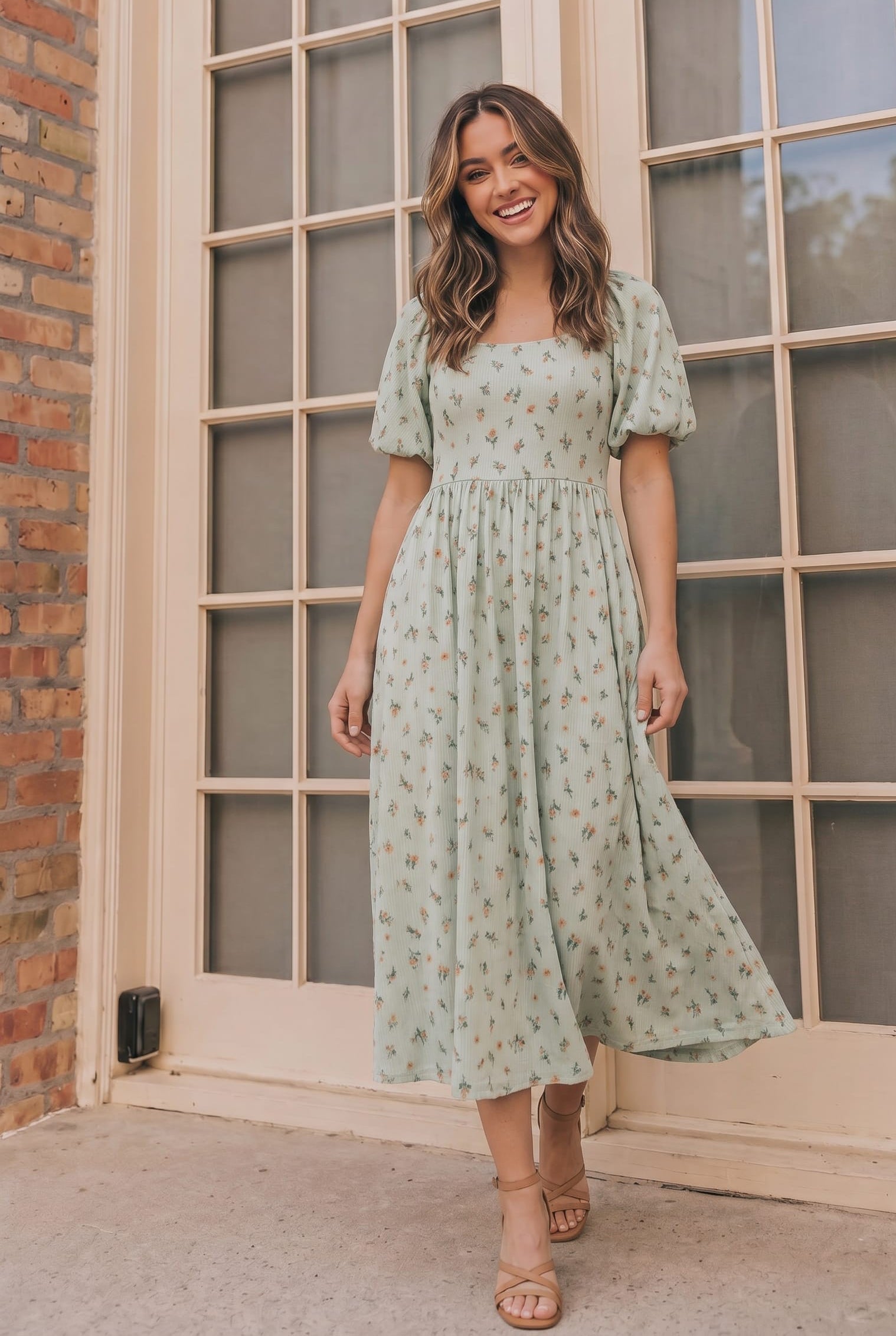 sage green midi dress, floral dress with pockets, puff sleeve midi dress, square neck floral dress, cottagecore garden party dress, ribbed floral midi, women's vintage inspired dress