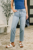 Judy Blue jeans, mid rise straight leg, ankle length denim, Dawn Judy Blue, bandana jeans, comfortable stretch denim, women's cropped jeans