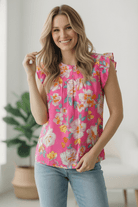 Pink floral blouse, flutter sleeve top, tropical print shirt, women's summer blouses, flowy pink top, lightweight floral shirt, feminine casual tops.