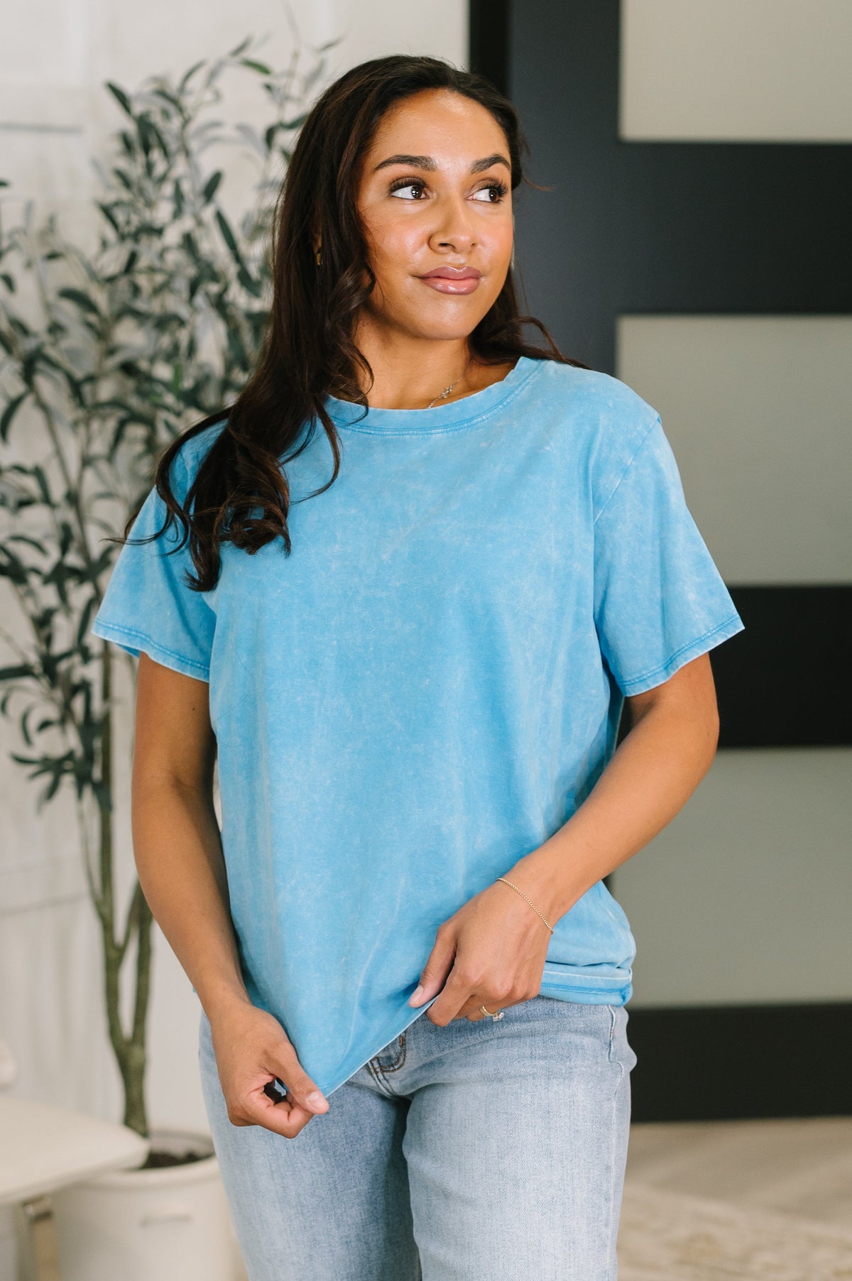 mineral wash tee, 100% cotton boxy t-shirt, blue vintage wash shirt, women's oversized tee, deep sky blue top, jersey knit t-shirt, effortless style clothing