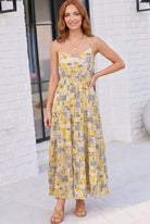 patchwork maxi dress, floral tiered dress, botanical print summer dress, boho maxi dress, yellow tiered dress, vacation dresses, sun kissed dress, adjustable strap maxi