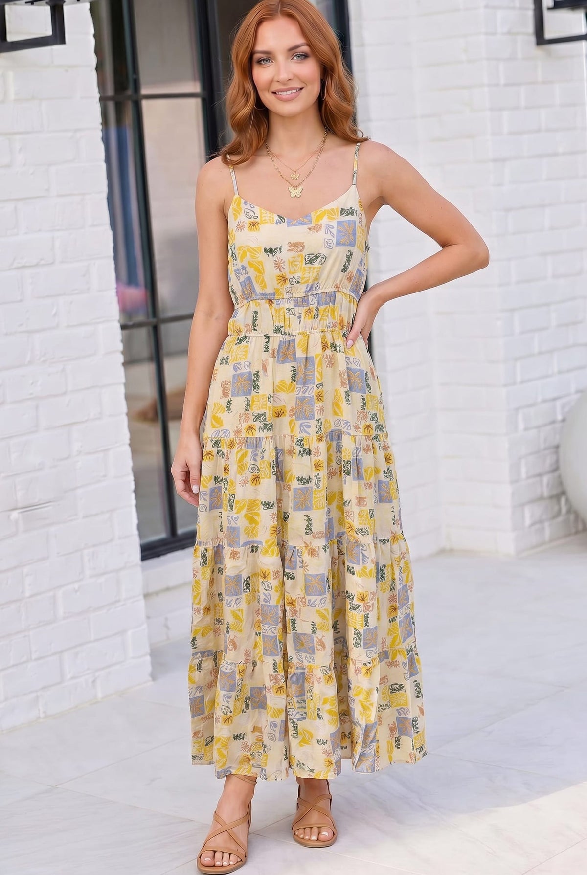 patchwork maxi dress, floral tiered dress, botanical print summer dress, boho maxi dress, yellow tiered dress, vacation dresses, sun kissed dress, adjustable strap maxi