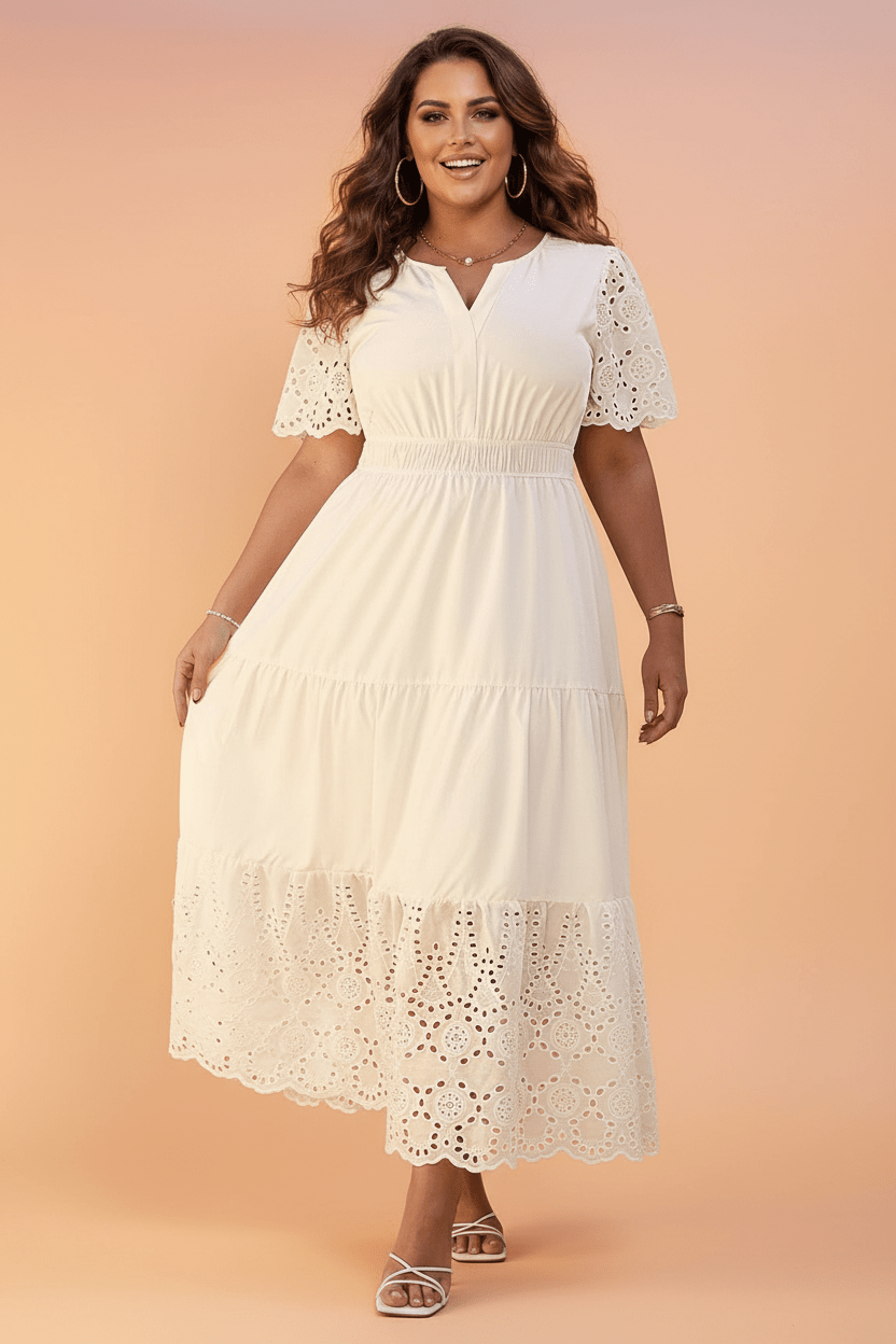 Plus size luxury maxi dress, embroidered eyelet dress, designer V-neck maxi, premium white resort dress, elegant patchwork maxi, sophisticated fit-and-flare dress.
