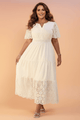 Plus size luxury maxi dress, embroidered eyelet dress, designer V-neck maxi, premium white resort dress, elegant patchwork maxi, sophisticated fit-and-flare dress.