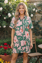 floral shirt dress, pink and green dress, button down mini dress, garden party outfit, summer dress with pockets, A-line floral dress, oversized floral print, breezy vacation dress