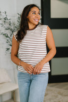 Brown striped muscle tee, French terry top, women's cap sleeve tee, striped sleeveless shirt, cotton blend muscle tee, casual chic brown top, Fabknits striped tee.