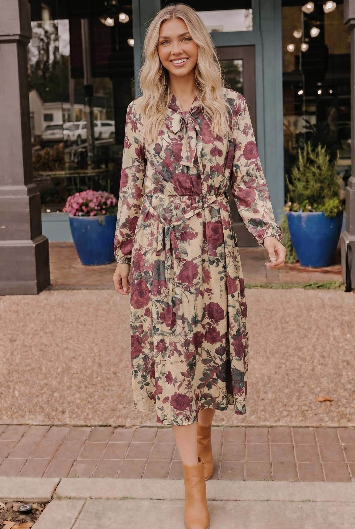 floral midi dress, burgundy rose dress, vintage style floral, long sleeve midi, bow neck dress, modest wedding guest dress, cottagecore fashion, taupe floral dress