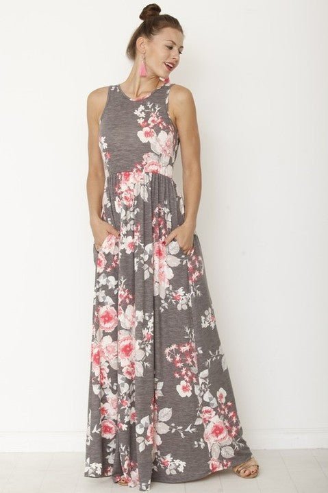 Vintage floral dress, maxi dress with pockets, soft stretch dress, floral maxi, boho floral dress, USA made clothing, women's summer dress, comfortable floor length dress