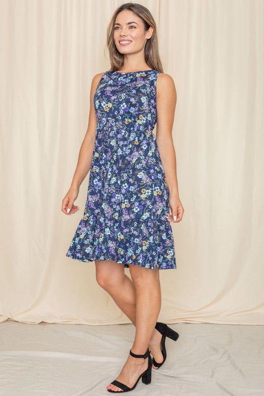Sleeveless floral dress, tiered sundress, botanical print dress, made in USA women's clothing, summer garden dress, navy floral dress, boutique tiered dress.