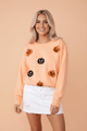 Halloween sweatshirt, pumpkin embroidery, oversized fall sweater, jack-o-lantern top, boutique Halloween clothes, women's autumn fashion, chenille embroidery sweatshirt, drop shoulder pullover.