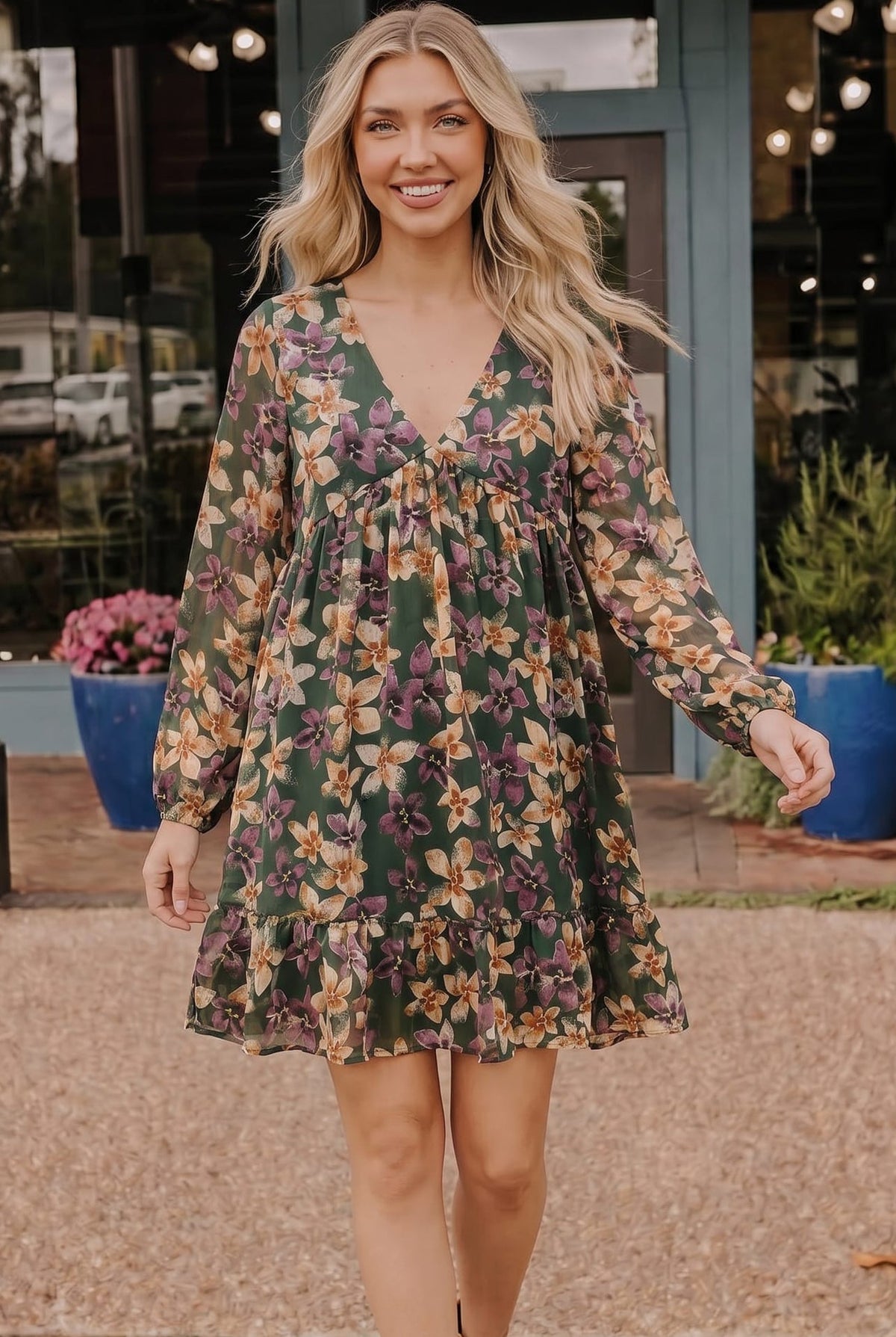 Forest green dress, floral mini dress, long sleeve babydoll dress, chiffon holiday dress, boho floral dress, green empire waist dress, fall floral fashion.
