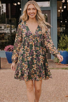 Forest green dress, floral mini dress, long sleeve babydoll dress, chiffon holiday dress, boho floral dress, green empire waist dress, fall floral fashion.