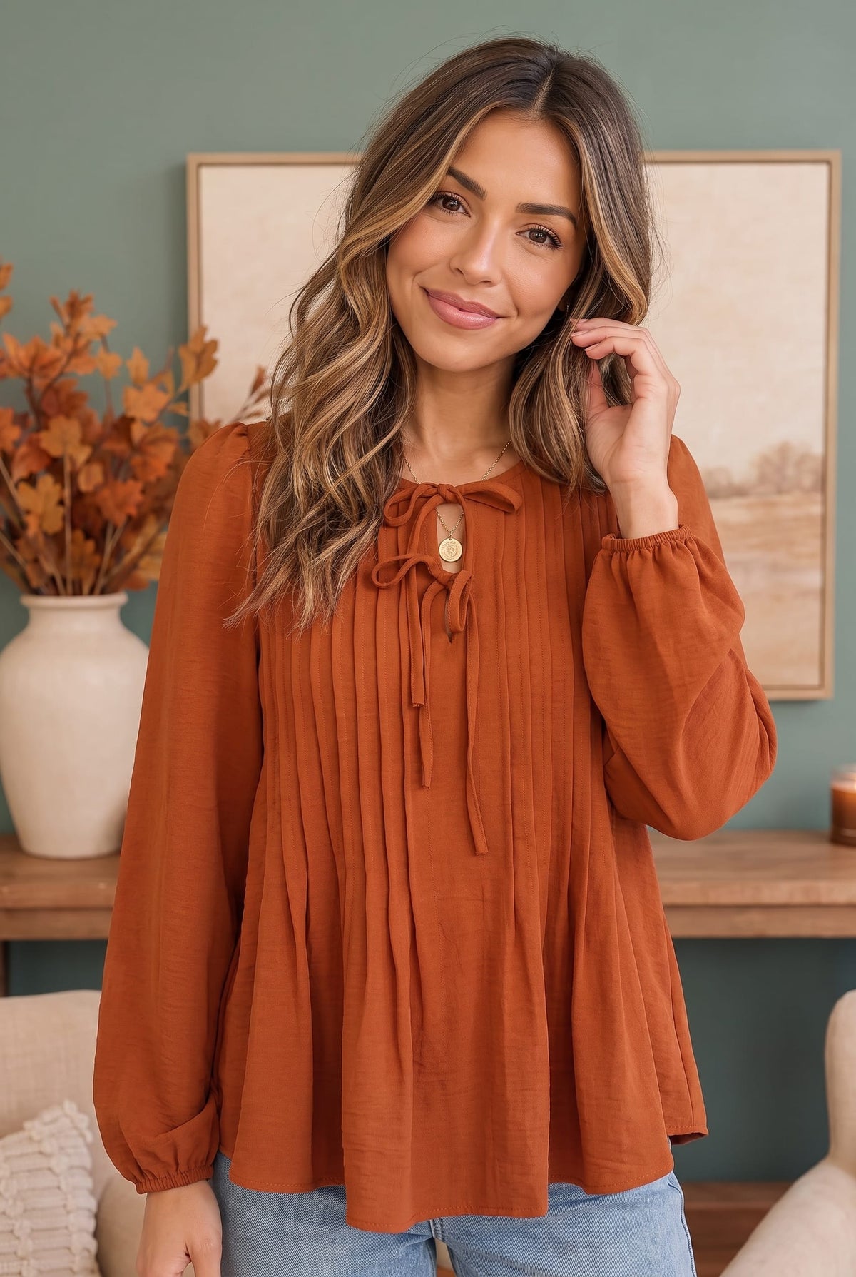 Rust blouse, pintuck top, tie-neck blouse, puff sleeve top, women's fall fashion, boho chic blouse, terracotta top, lightweight woven top, feminine rust blouse.