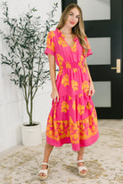 fuchsia midi dress, floral v-neck dress, smocked waist dress, summer flutter sleeve dress, romantic tiered dress, boho fuchsia dress, pink floral midi with pockets, Whispering Willow dress