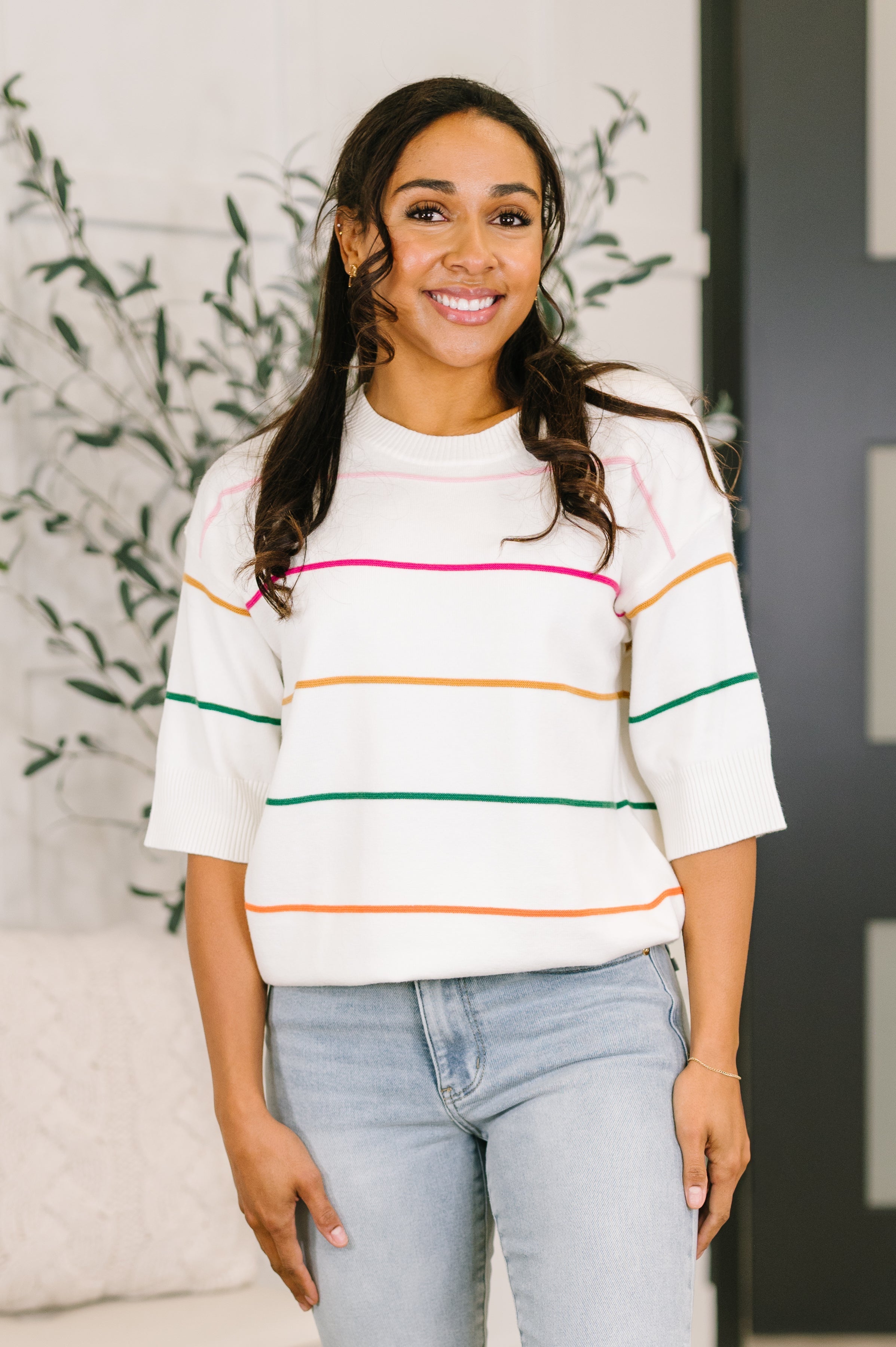 striped sweater, short sleeve knit, women's lightweight sweater, rainbow stripe top, drop shoulder knit, colorful spring sweater, chic knitwear, viscose blend sweater, transitional fashion