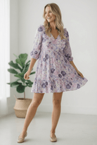 floral mini dress, v-neck ruffle dress, spring brunch outfit, bridal shower dress, boutique floral dress, 3/4 sleeve mini dress, lightweight spring dress