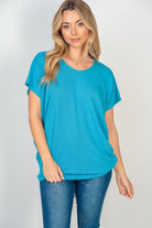 Turquoise Dolman Top, Gauze Knit Shirt, Women's Lightweight Tee, Short Sleeve Dolman, Turquoise Summer Blouse, Relaxed Fit Top, Tapered Hem Knit