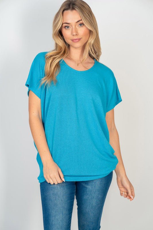 Turquoise Dolman Top, Gauze Knit Shirt, Women's Lightweight Tee, Short Sleeve Dolman, Turquoise Summer Blouse, Relaxed Fit Top, Tapered Hem Knit
