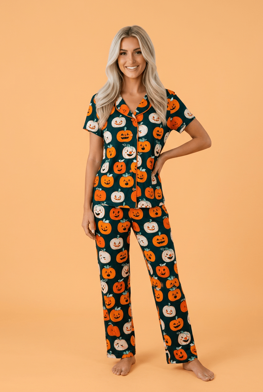 Halloween pajamas, pumpkin print pjs, women’s festive loungewear, soft viscose sleepwear, fall pajama set, spooky season outfit, breathable Halloween sleepwear.