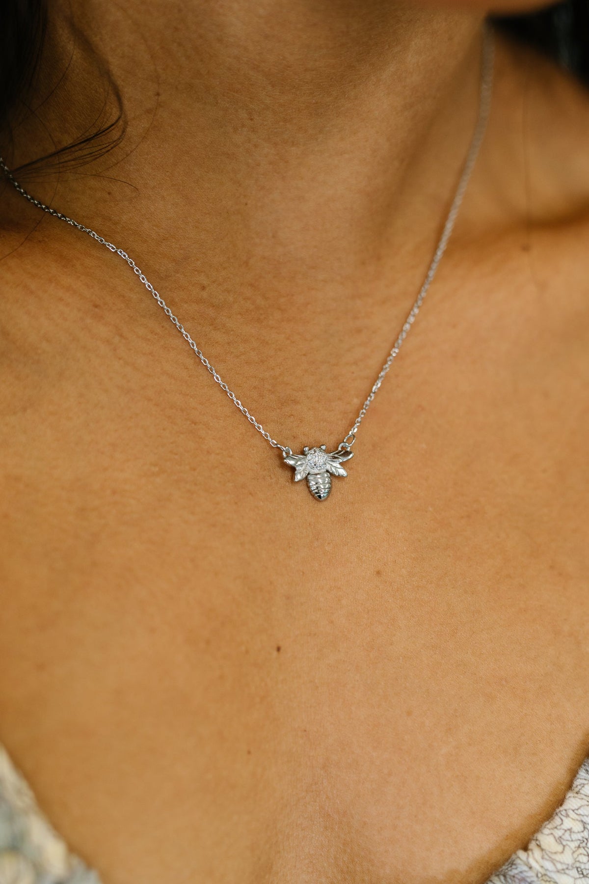 Sterling Silver Bee Necklace, Honey Bee Jewelry, Zirconia Pendant, Nature Inspired Jewelry, Silver Bee Charm, Gift for Beekeepers, Whimsical Silver Necklace, Delicate Bee Jewelry.