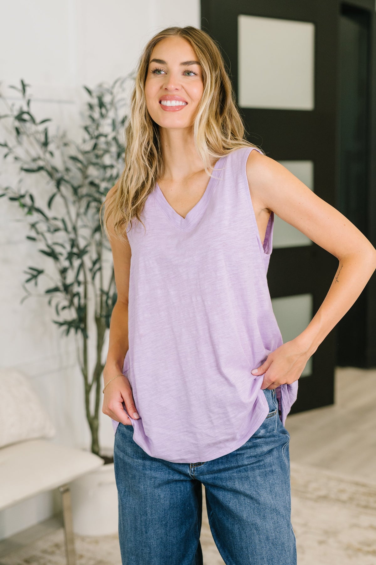 Lilac V-neck tank, 100% cotton tank top women, A-line sleeveless top, heathered knit lilac shirt, loose fit cotton tank, breathable summer basics, women's lilac everyday top.