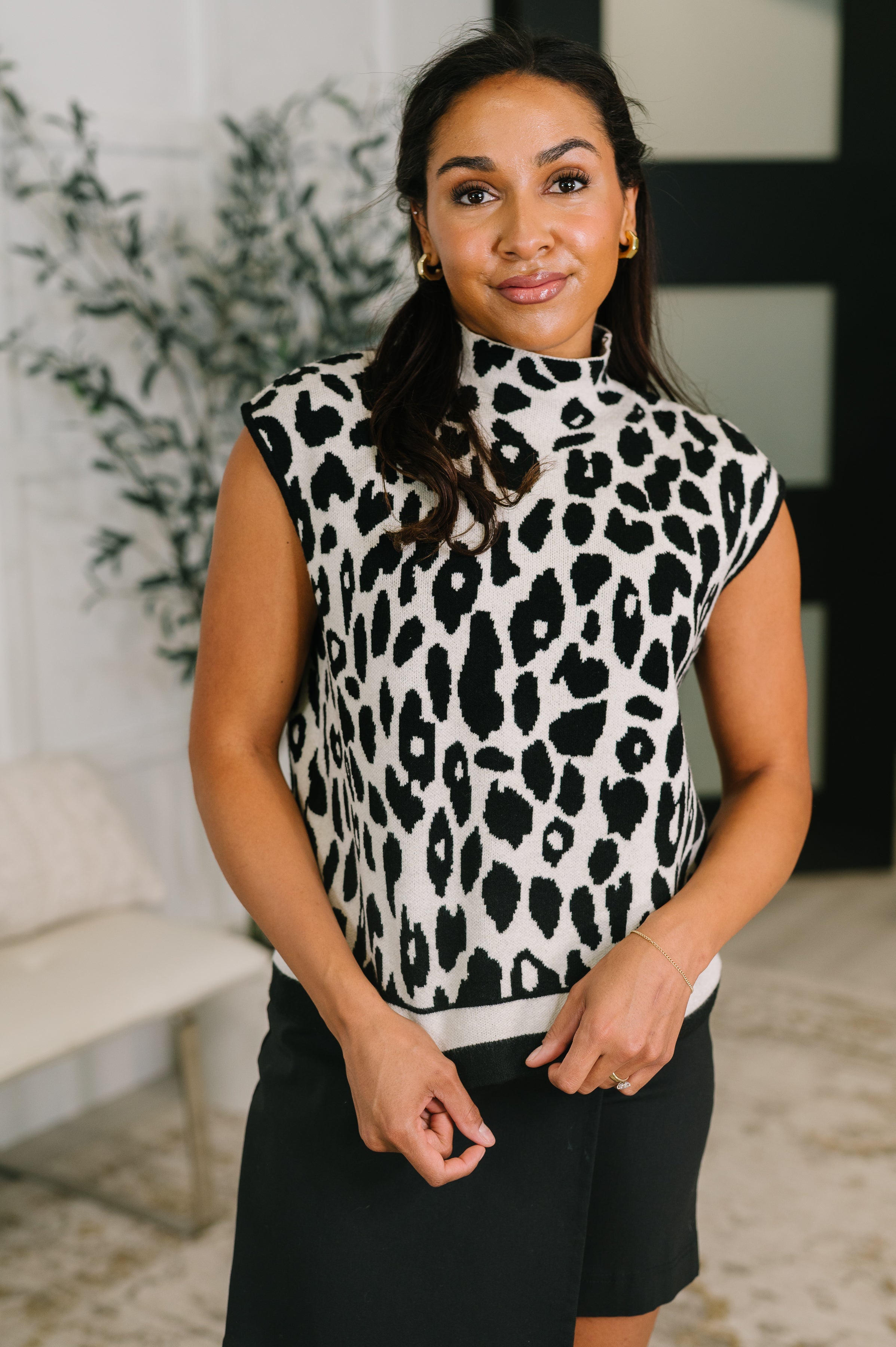 Leopard print sweater, mock neck knit blouse, cap sleeve sweater, women's business casual top, brushed knit clothing, soft stretch sweater, trendy office wear.