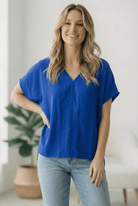 Women's V-Neck Blouse, Dolman Sleeve Top, Lightweight Summer Top, Office Wear for Women, Relaxed Fit Blouse, Polished Everyday Style, Versatile Work Tops, Cobalt Blue Blouse